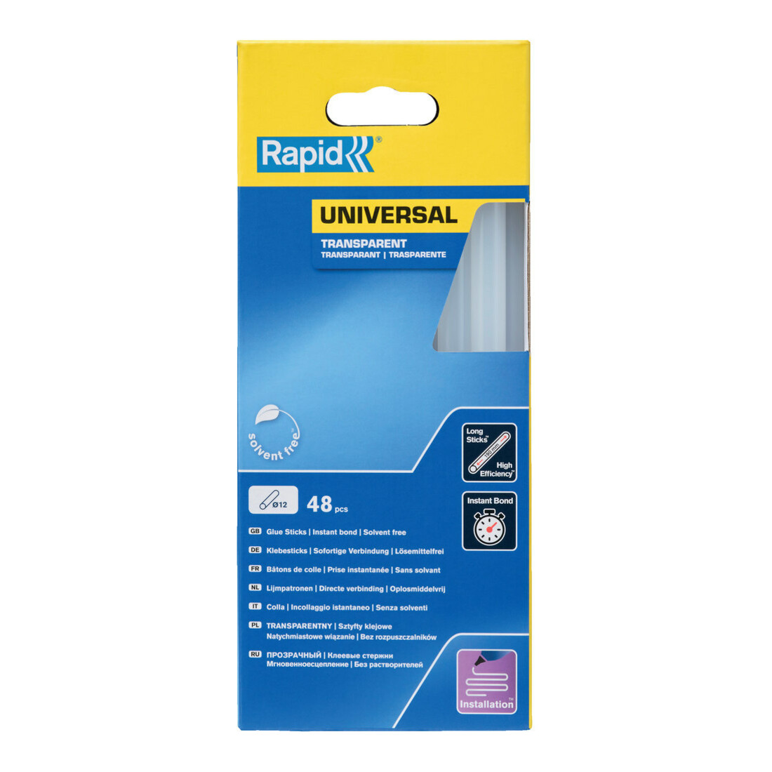 Rapid Bâtons de colle universels transparents, Ø 12 x 190 mm, 48 pcs carton