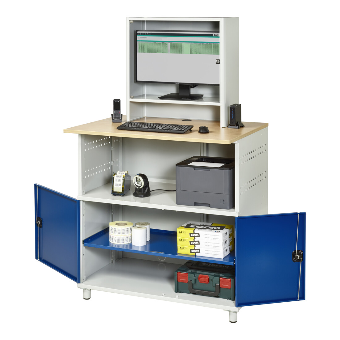 Rau Bureau informatique 1022 avec boîtier moniteur P300mm, L1100xP790xH1840mm