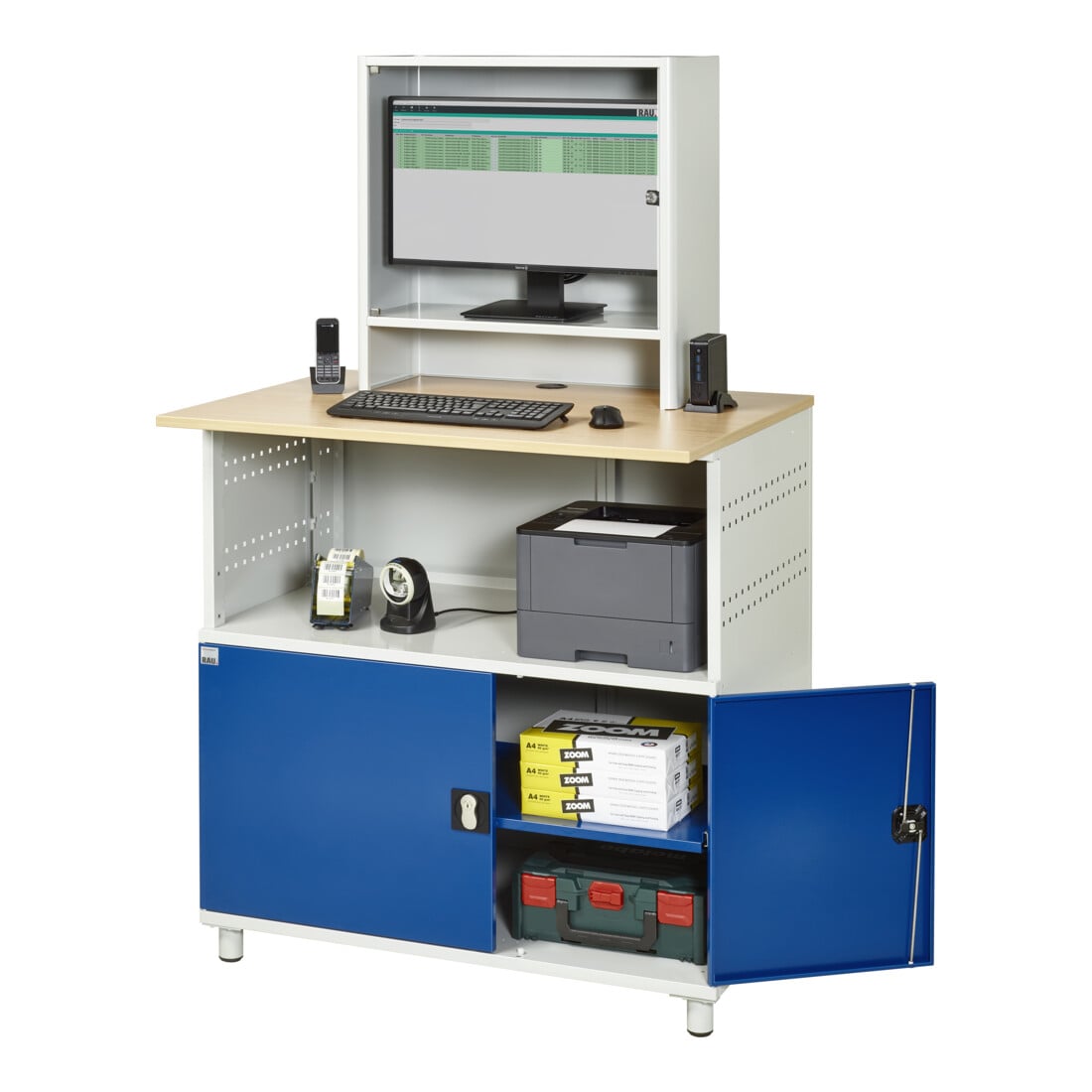 Rau Bureau informatique 1022 avec boîtier moniteur P300mm, L1100xP790xH1840mm