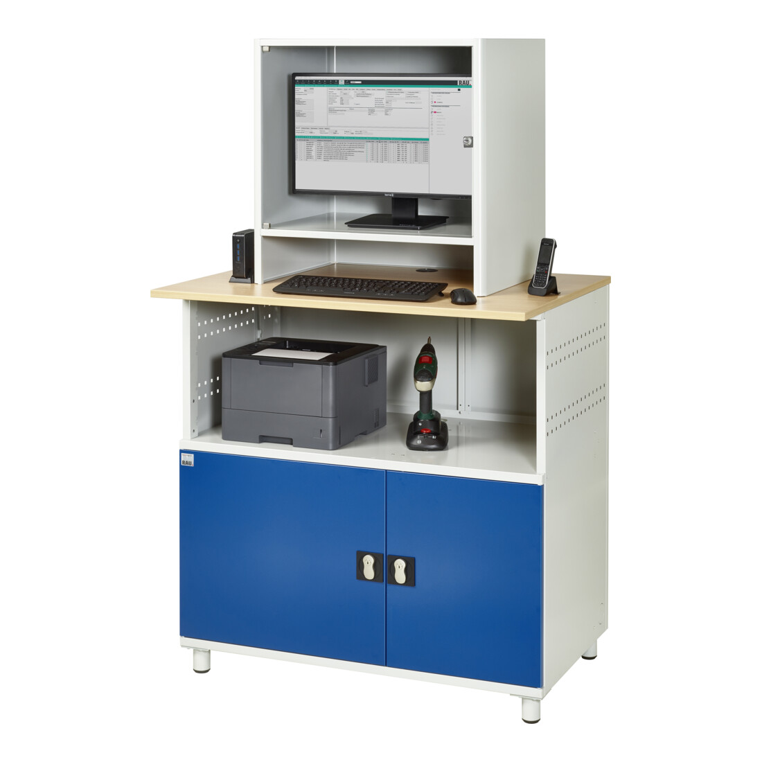 Rau Computer-Tisch 1023 mit Monitorgehäuse T550mm, B1100xT790xH1840mm