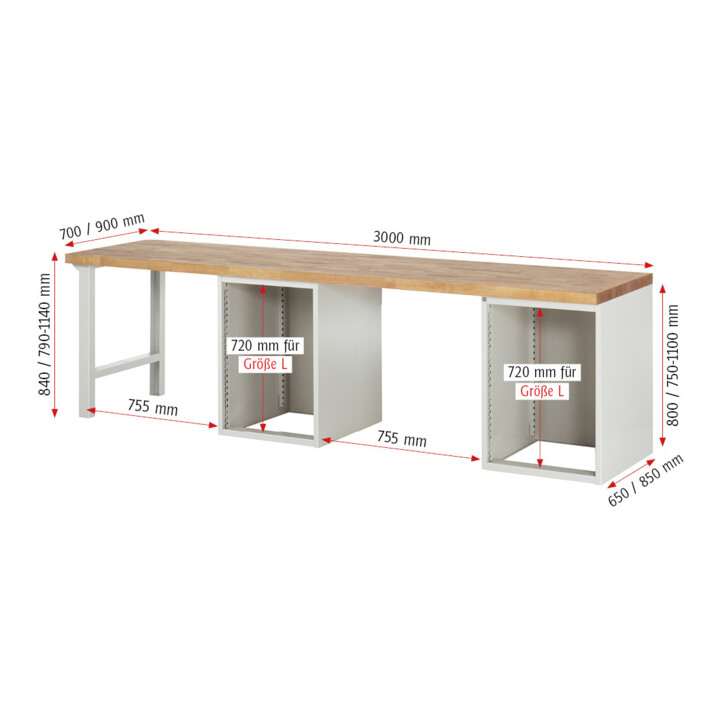 Rau Établi 7503A8, L3000xP700xH840mm, 4x tiroirs TA, 2x portes