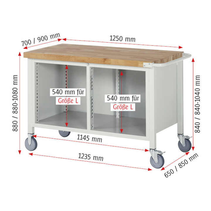 Rau Établi mobile 8470, L1250xP900xH880mm, 4x tiroirs-TA, 1x porte