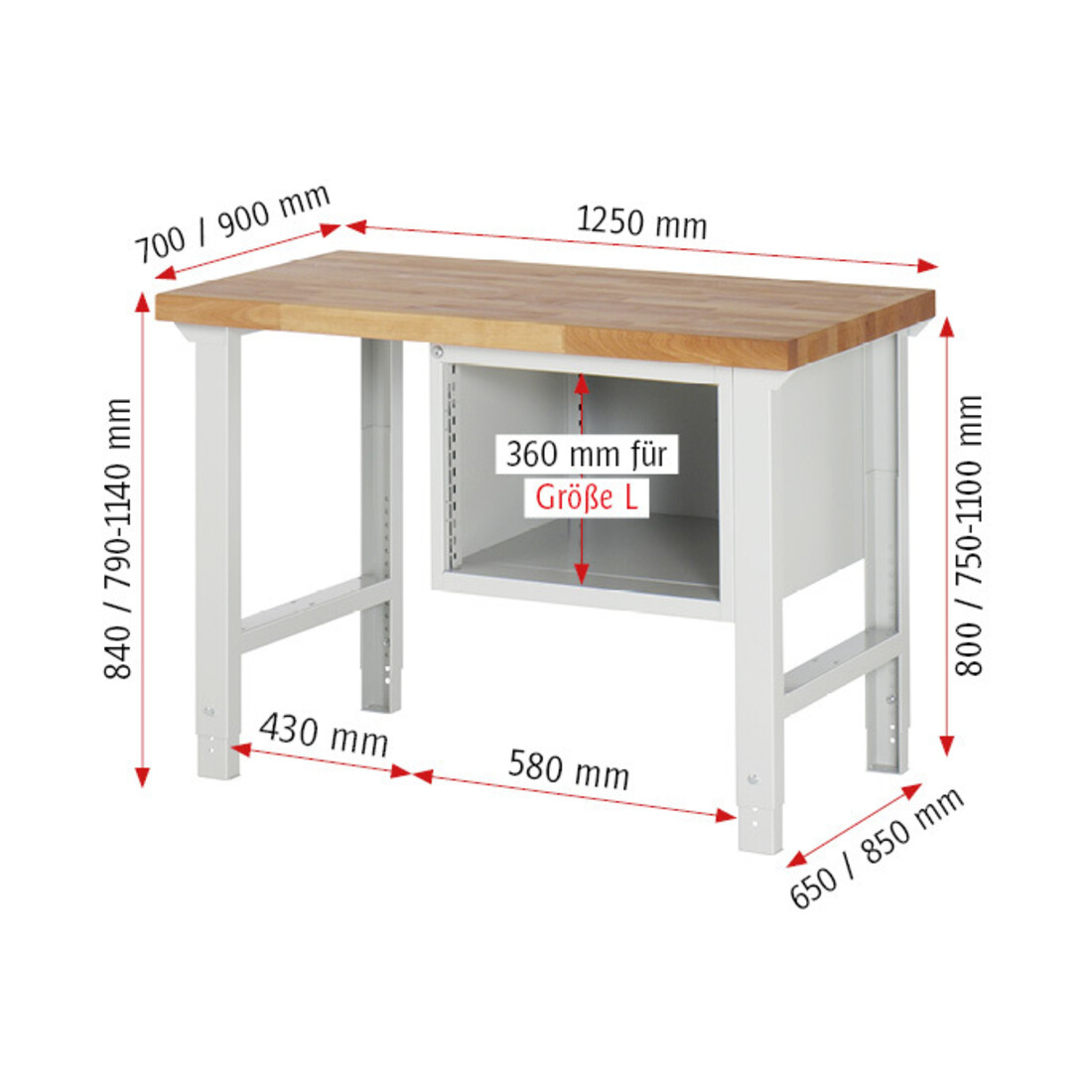 Rau Établi 7123A1, H790-1140mm, réglable en hauteur, 2 tiroirs-TA