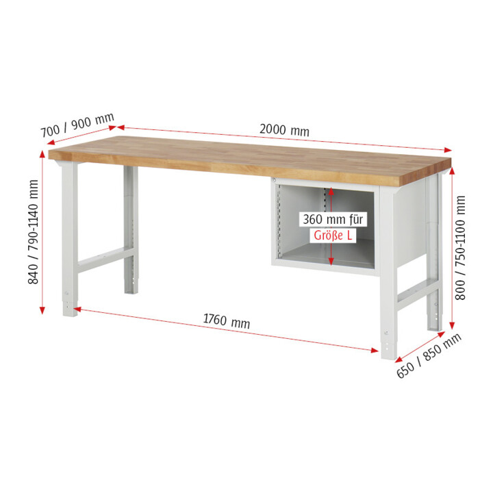 Rau Établi réglable en hauteur 7123A1, L2000xP700xH790-1140mm, 2x tiroirs-TA