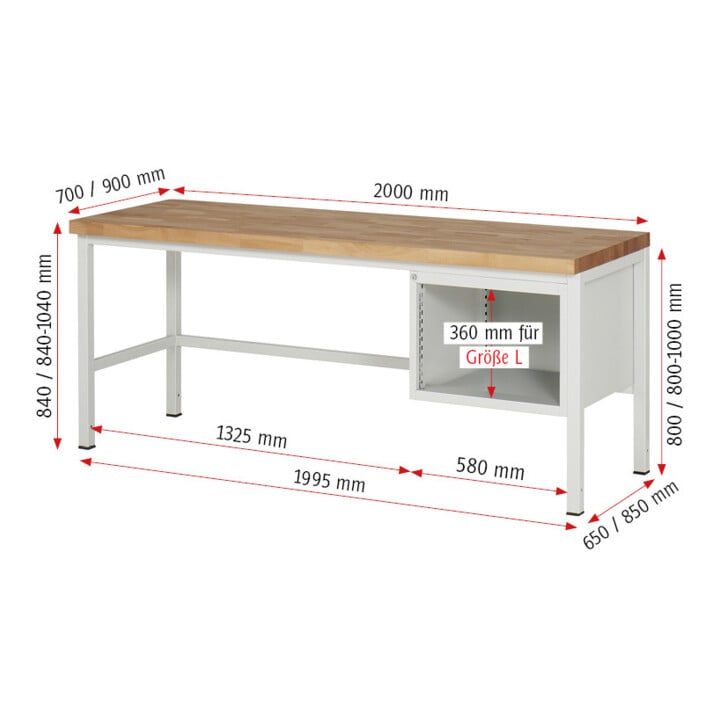 Rau Établi réglable en hauteur 8123A1, L2000xP700xH840-1040mm, 2x tiroirs-TA