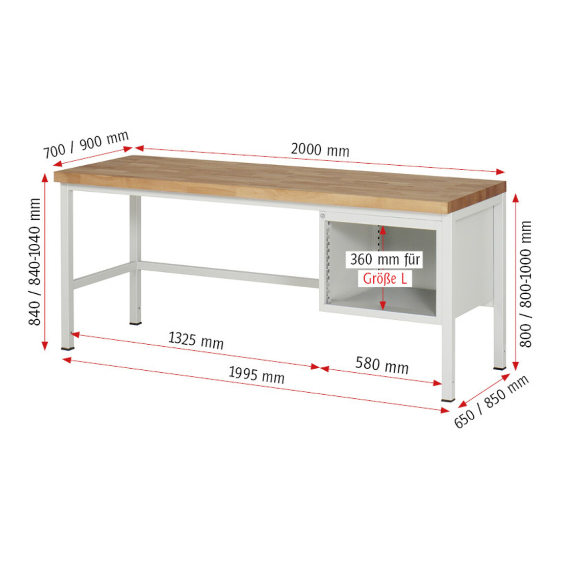 Rau Établi 8123A1, H840-1040mm, hauteur réglable, 2 tiroirs-TA