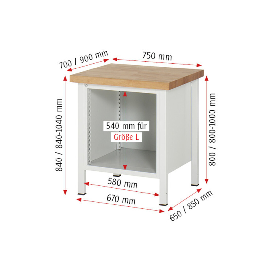 Rau Table de travail 8152A2, L750×H840-1040mm, réglable en hauteur, 1 tiroir-TA, 1 porte