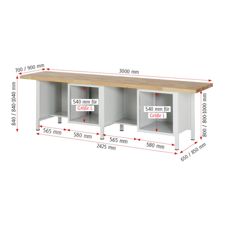 Rau Établi réglable en hauteur 8451A2, L3000xP700xH840-1040mm, 4x tiroirs-TA