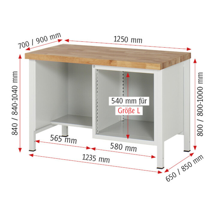 Rau Établi réglable en hauteur 8452A2, L1250xP900xH840-1040mm, 3x tiroirs-TA