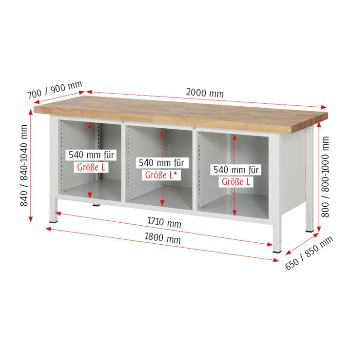 Rau Établi réglable en hauteur 8570A2, L2000xP700xH840-1040mm, 6x tiroirs-TA, 1x porte