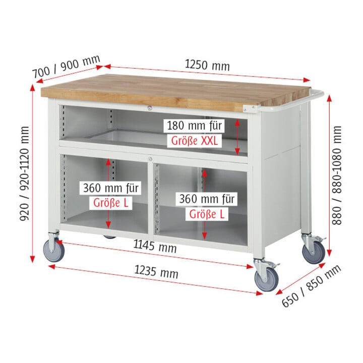 Rau Fahrbare Werkbank 8922, B1250xT900xH880mm, 5x Schublade-TA, 1x Tür