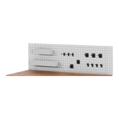 Rau Lochplatte zur Werkbankmontage, B3000(2x1500)xT15xH450 mm, 4 Kästen + 24 Halterungen