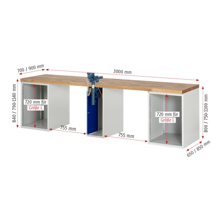 Rau Werkbank 7511A0, B3000xT700xH890mm, 10x Schublade-TA, 1x SSKL