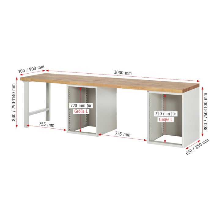 Rau Werkbank 7517A8, B3000xT900xH890mm, 14x Schublade-TA
