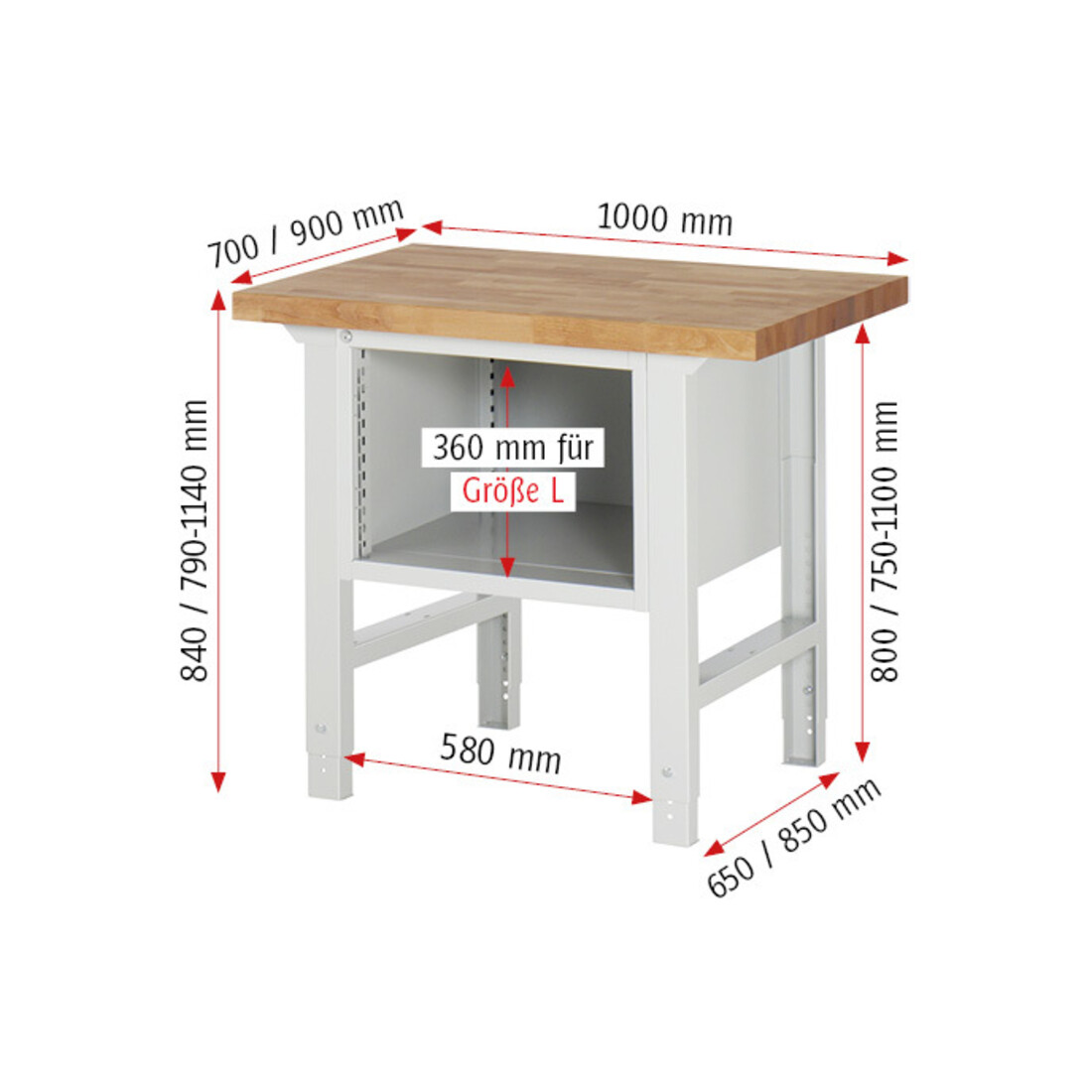 Rau Werkbank 7123A1, H790-1140mm, höhenverstellbar, 2x Schublade-TA