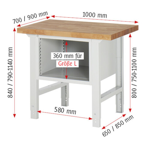 Rau Werkbank 7123A1, H790-1140mm, höhenverstellbar, 2x Schublade-TA