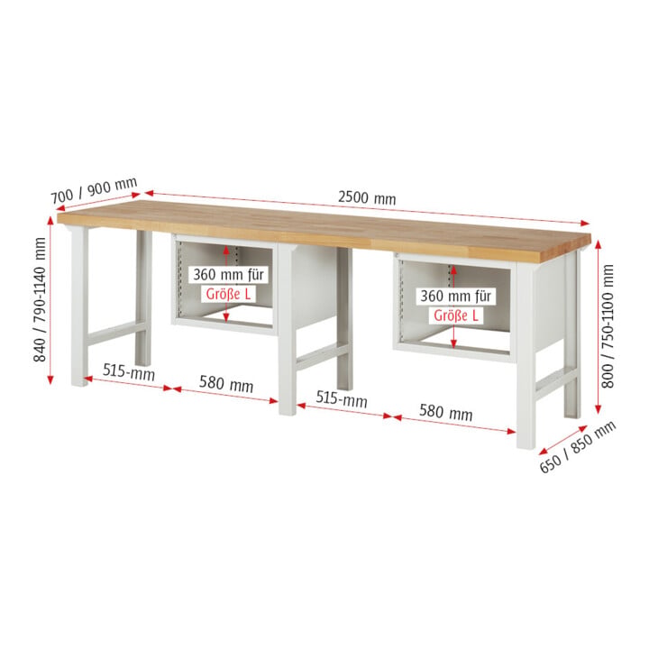 Rau Werkbank höhenverstellbar 7123A1, B2500xT700xH790-1140mm, 4x Schublade-TA