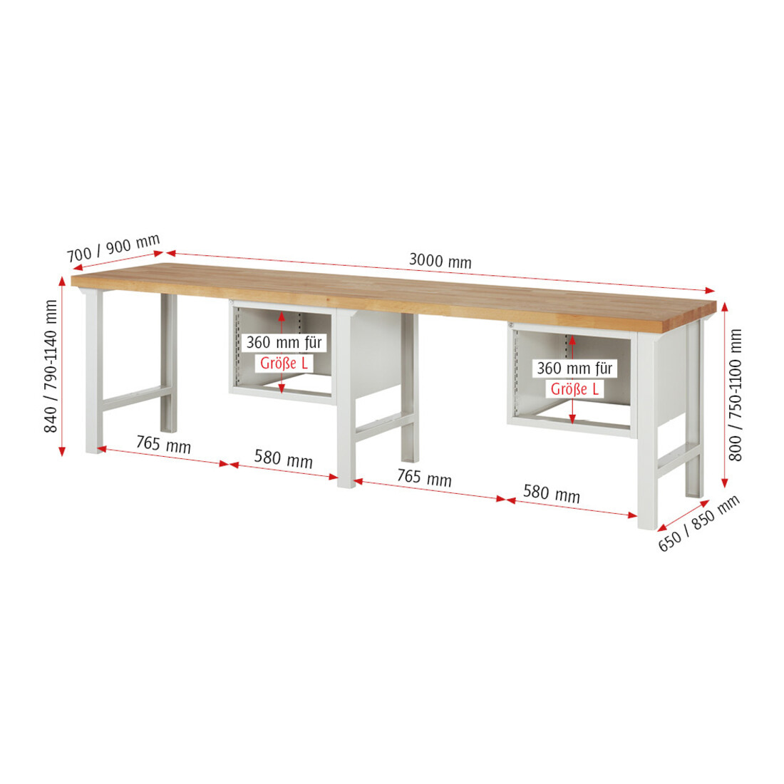 Rau Werkbank 7123A1, H790-1140mm, höhenverstellbar, 4x Schublade-TA