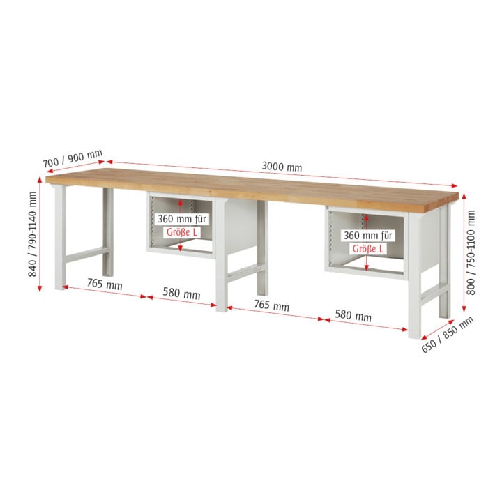 Rau Werkbank höhenverstellbar 7123A1, B3000xT700xH790-1140mm, 4x Schublade-TA