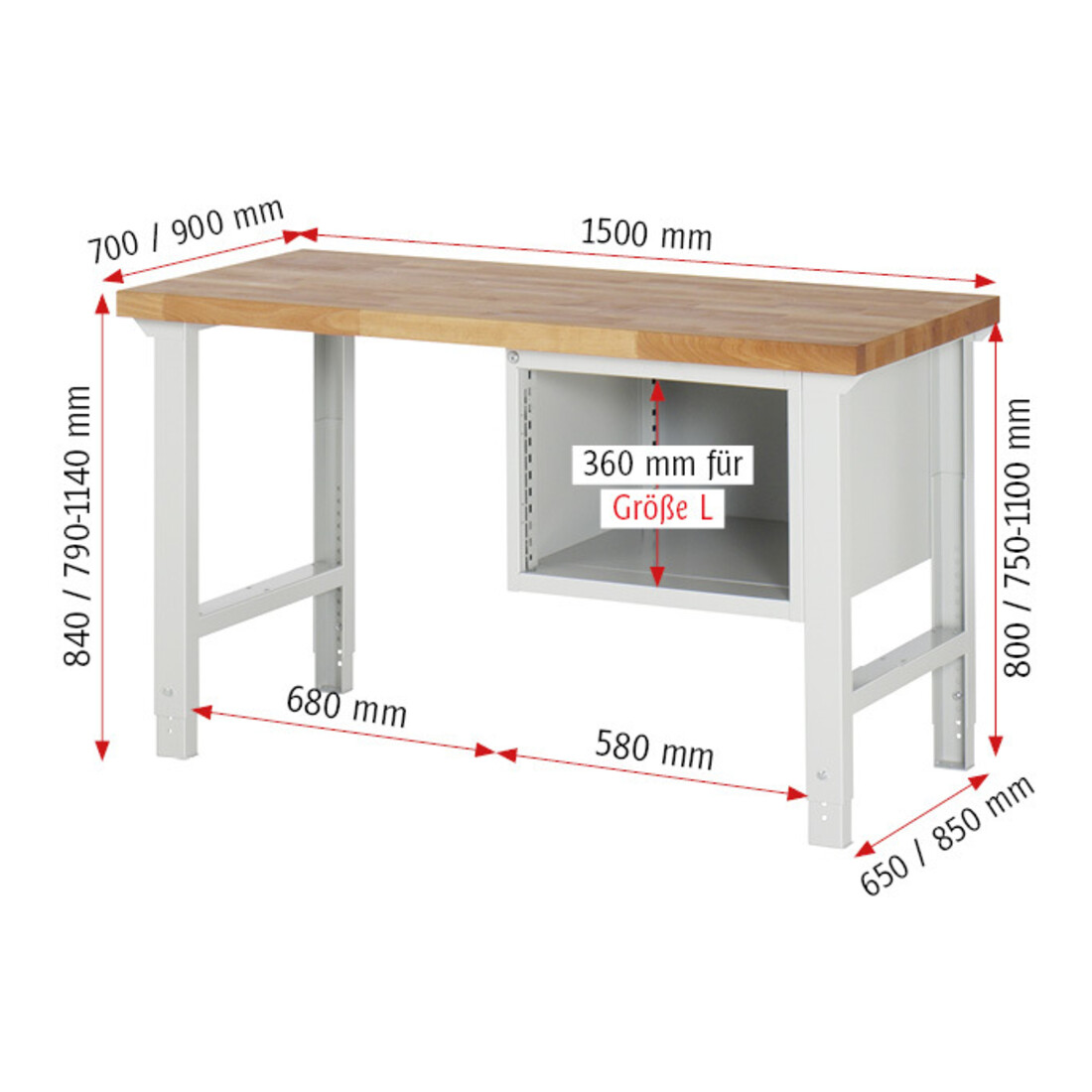 Rau Werkbank 7127A1, H790-1140mm, höhenverstellbar, 3x Schublade-TA