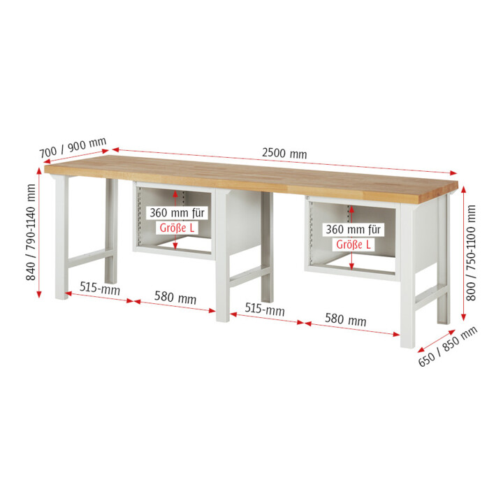 Rau Werkbank höhenverstellbar 7127A1, B2500xT700xH790-1140mm, 6x Schublade-TA