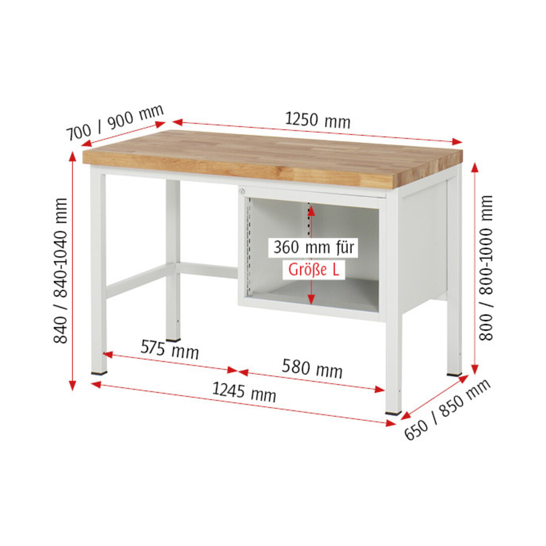 Rau Werkbank 8123A1, H840-1040mm, höhenverstellbar, 2x Schublade-TA