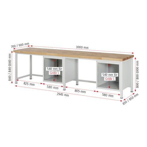 Rau Werkbank 8152A1, H840-1040mm, höhenverstellbar, 2x Schublade-TA, 2x Tür