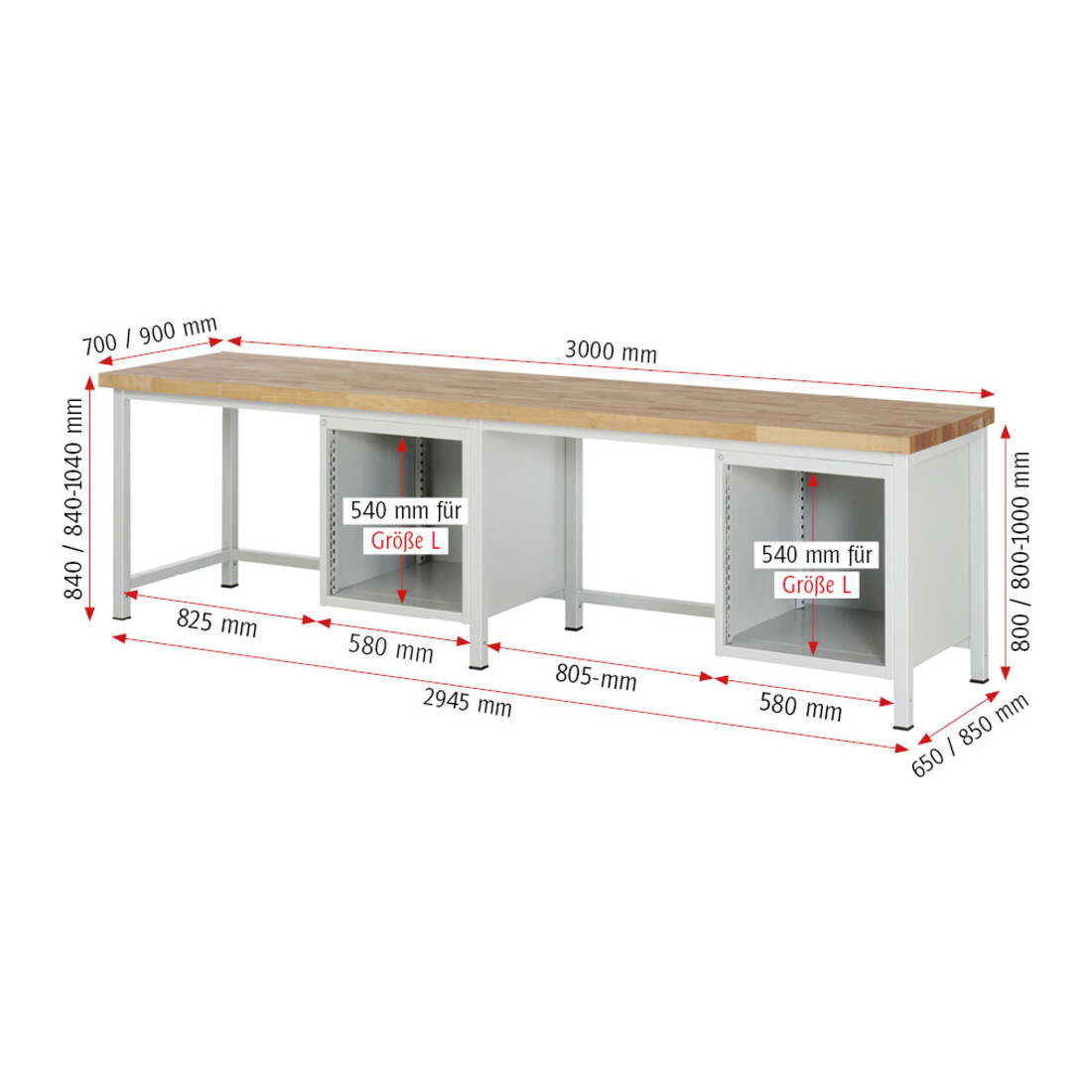 Rau Werkbank 8159A1, H840-1040mm, höhenverstellbar, 6x Schublade-TA