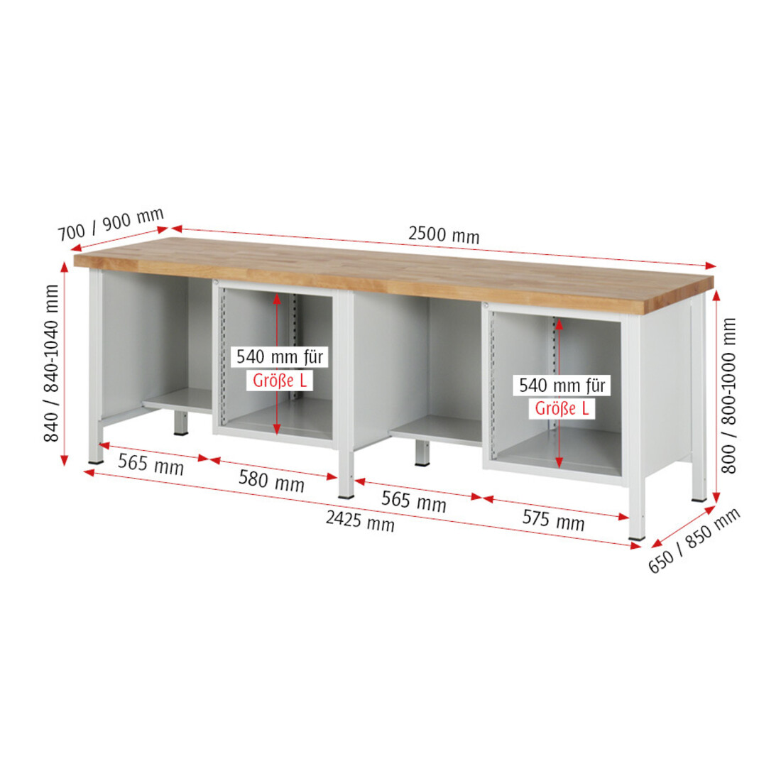 Rau Werkbank 8451A2, H840-1040mm, höhenverstellbar, 4x Schublade-TA