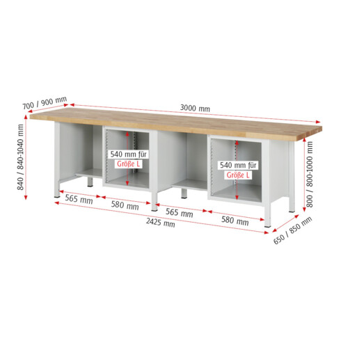 Rau Werkbank 8451A2, H840-1040mm, höhenverstellbar, 4x Schublade-TA