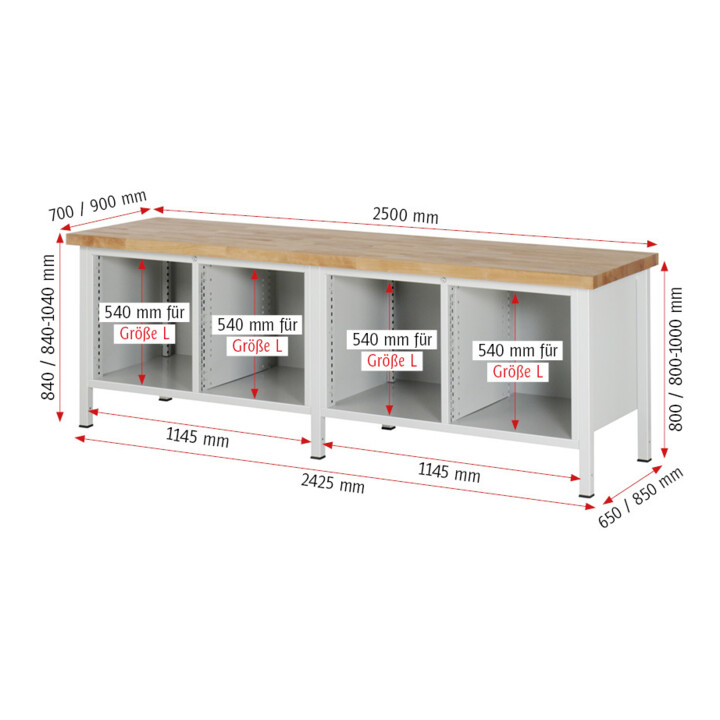 Rau Werkbank höhenverstellbar 8462A2, B2500xT700xH840-1040mm, 6x Schublade-TA