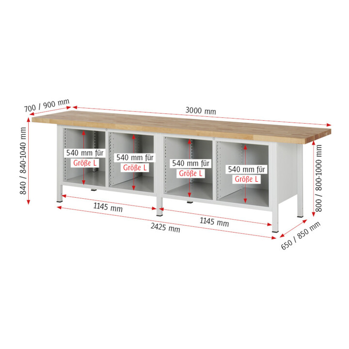 Rau Werkbank höhenverstellbar 8462A2, B3000xT700xH840-1040mm, 6x Schublade-TA