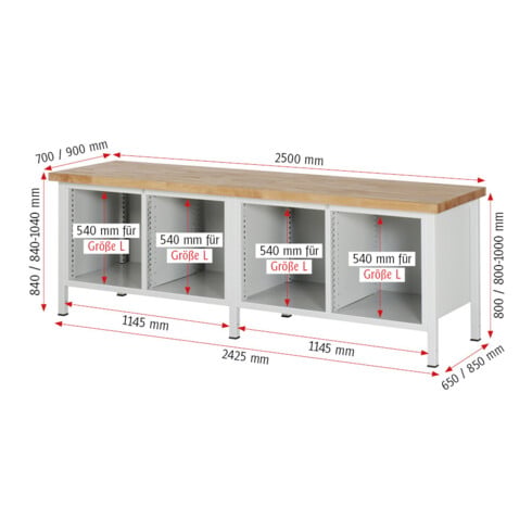 Rau Werkbank 8470A2, H840-1040mm, höhenverstellbar, 8x Schublade-TA, 2x Tür