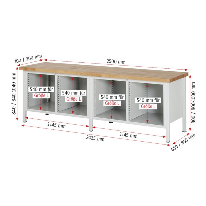 Rau Werkbank höhenverstellbar 8470A2, B2500xT700xH840-1040mm, 8x Schublade-TA, 2x Tür