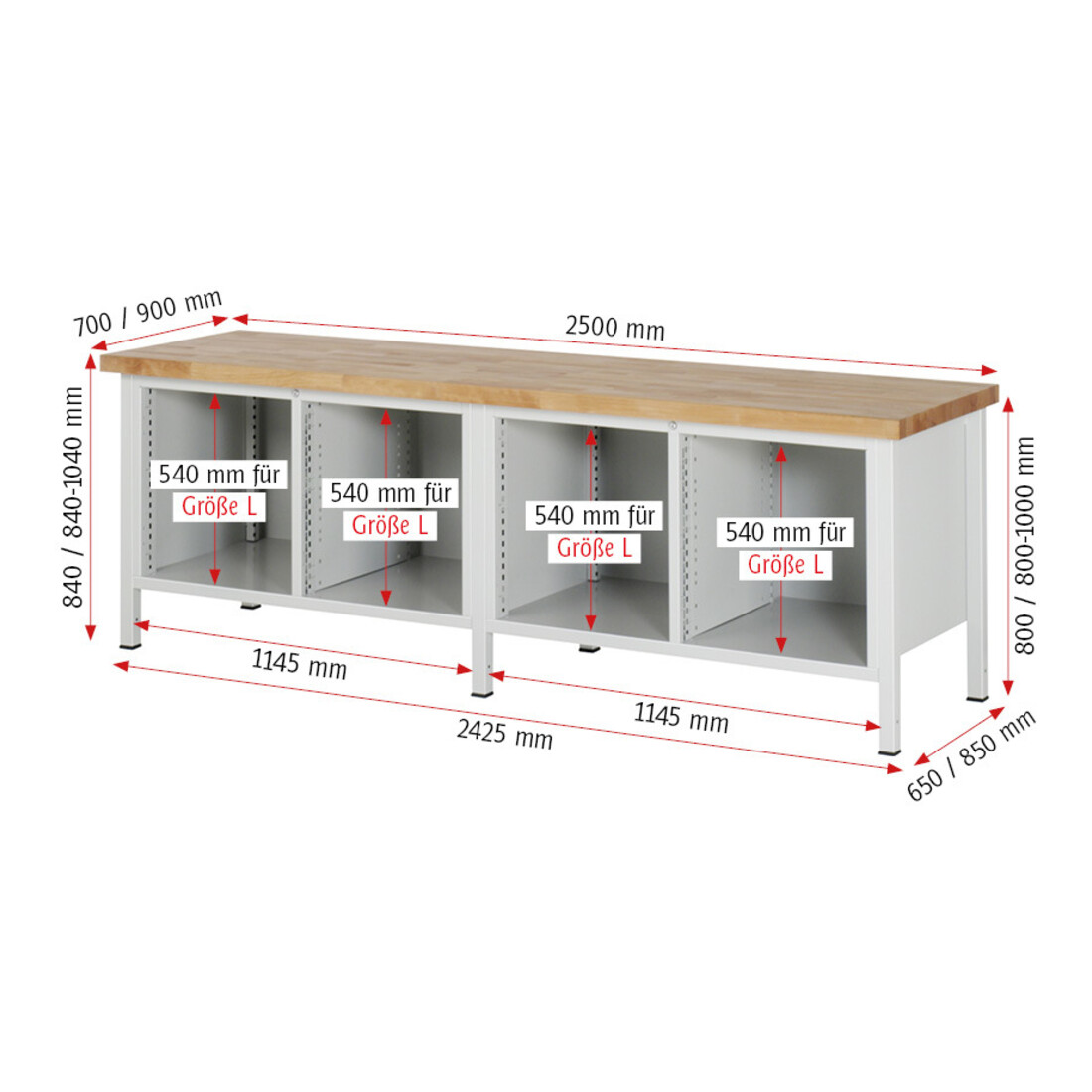 Rau Werkbank 8477A2, H840-1040mm, höhenverstellbar, 16x Schublade-TA