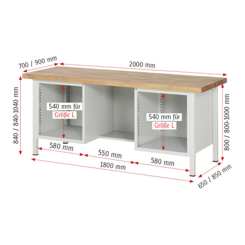 Rau Werkbank 8553A2, B2000xH840-1040mm, höhenverstellbar, 4x Schublade-TA, 1x Tür