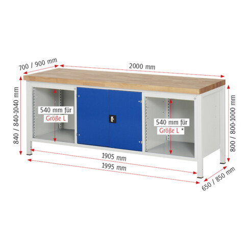 Rau Werkbank 8909A2, B2000xH840-1040mm, höhenverstellbar, 8x Schublade-TA, 1x Tür