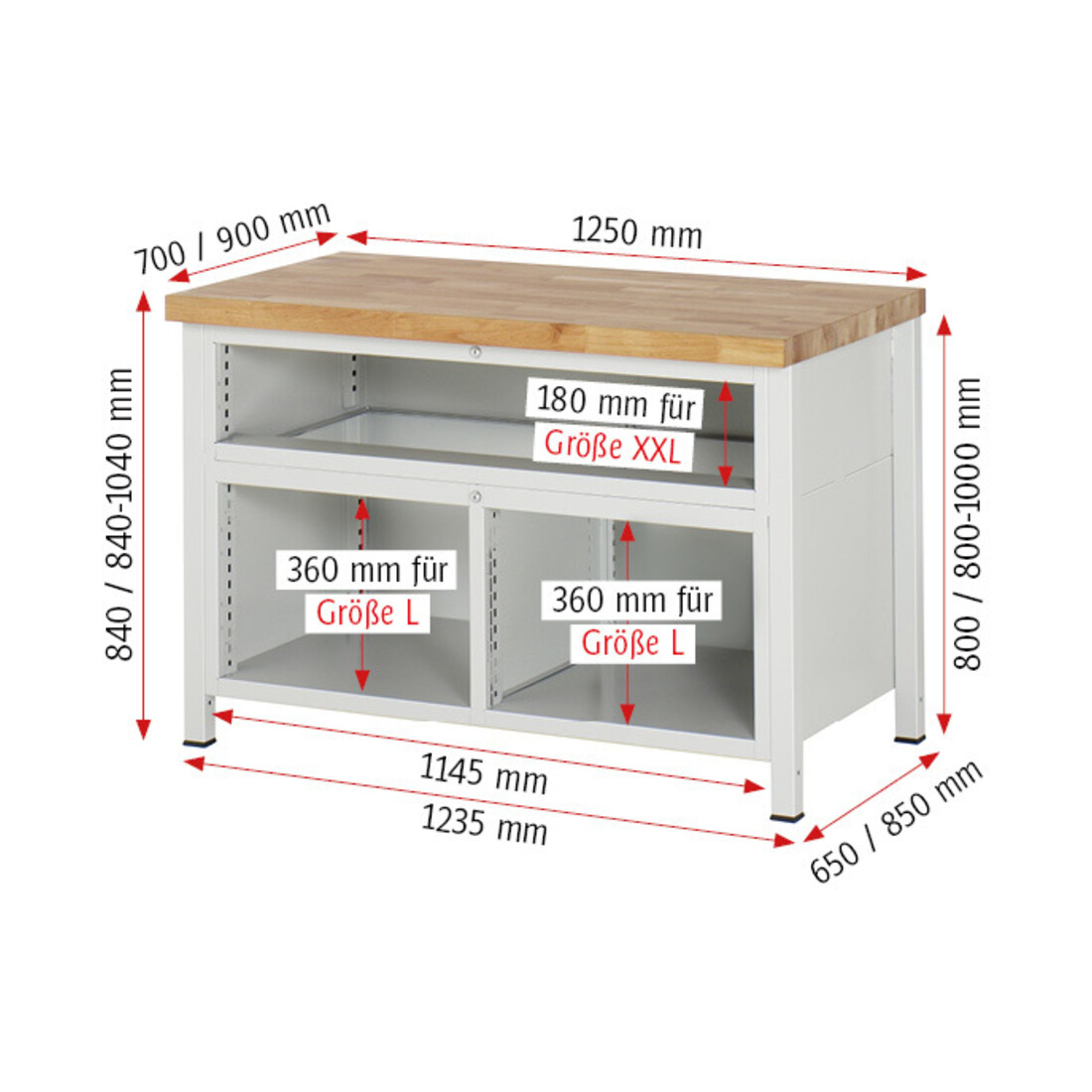 Rau Werkbank 8922A2, H840-1040mm, höhenverstellbar, 5x Schublade-TA, 1x Tür