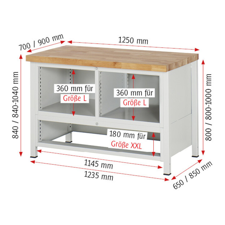 Rau Werkbank höhenverstellbar 8931A2, B1250xT700xH840-1040mm, 7x Schublade-TA