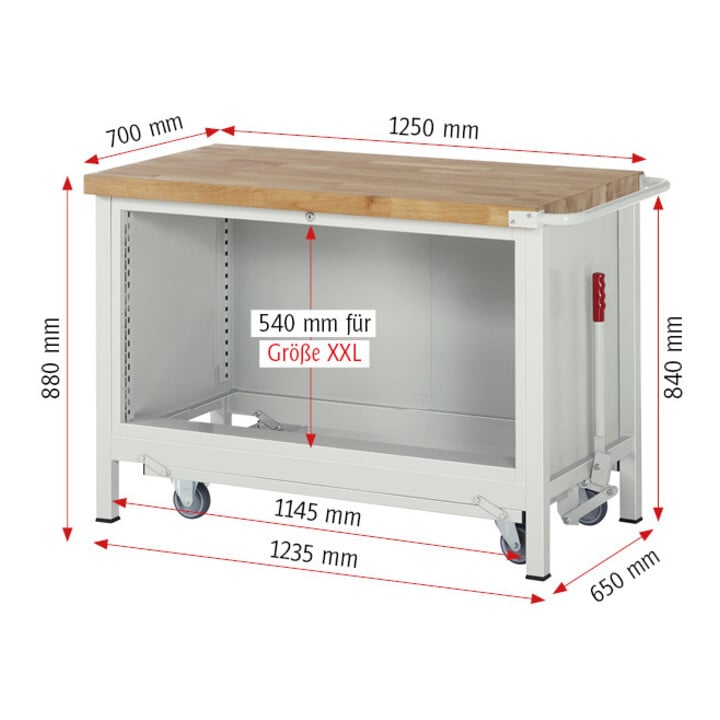 Rau Werkbank mit Fahrgestell 8357, B1250xT700xH880mm, 3x Schublade-TA
