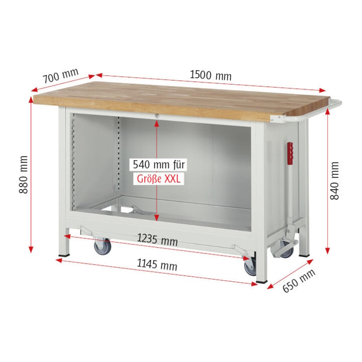 Rau Werkbank mit Fahrgestell 8362, B1500xT700xH880mm, 4x Schublade-TA