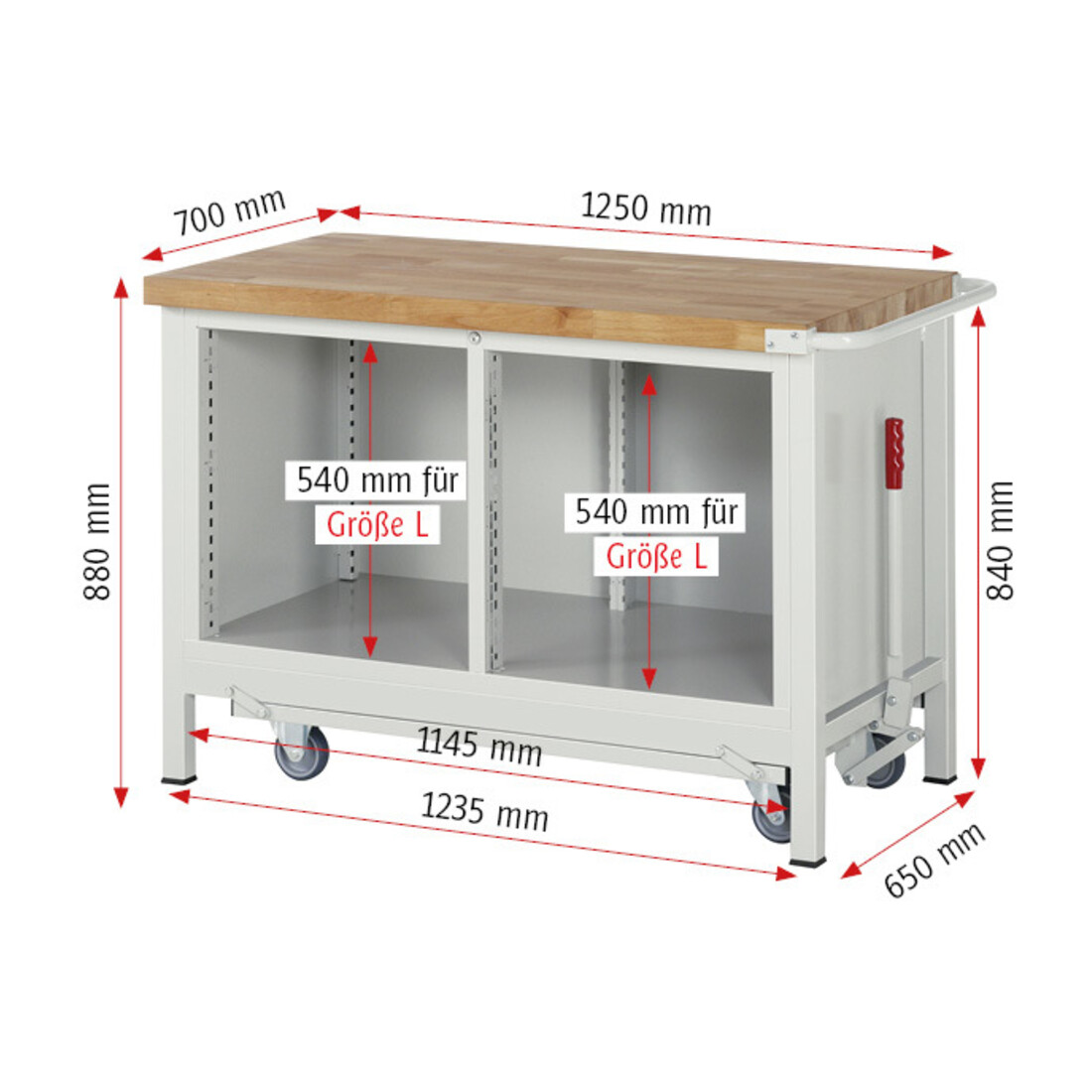 Rau Werkbank mit Fahrgestell 8462, B1250xT700xH880mm, 3x Schublade-TA