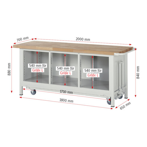 Rau Werkbank mit Fahrgestell 8564, B2000xT700xH880mm, 6x Schublade-TA