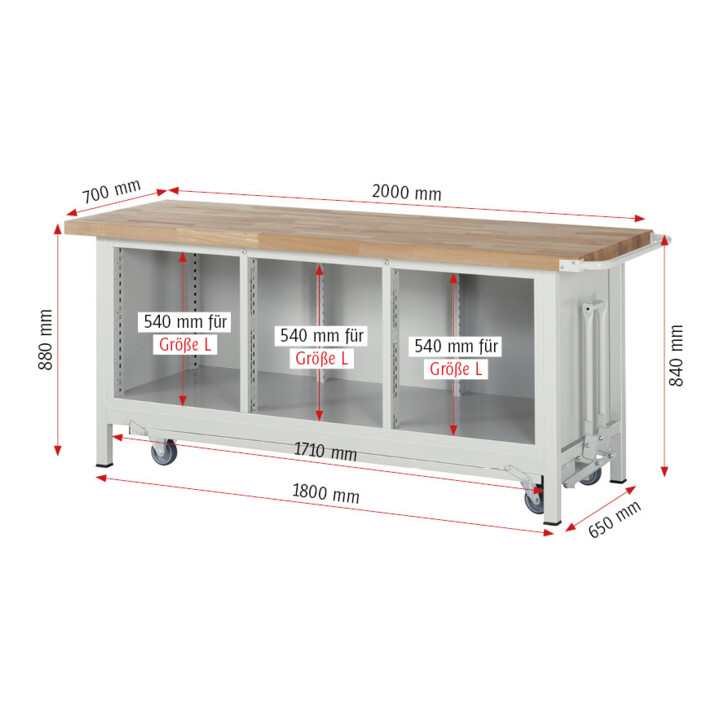 Rau Werkbank mit Fahrgestell 8573, B2000xT700xH880mm, 9x Schublade-TA
