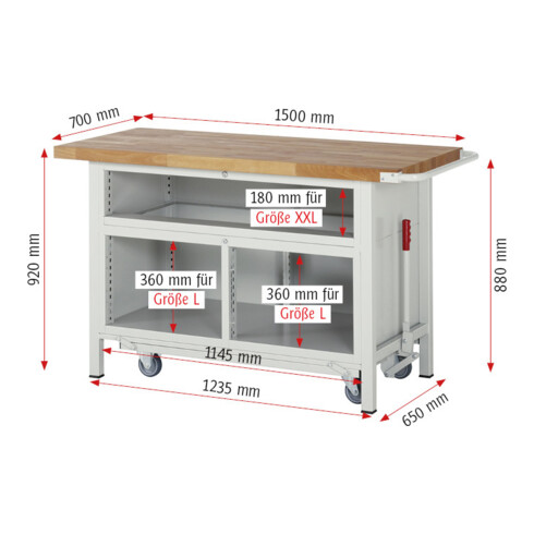 Rau Werkbank mit Fahrgestell 8921, T700xH880mm, 5x Schublade-TA