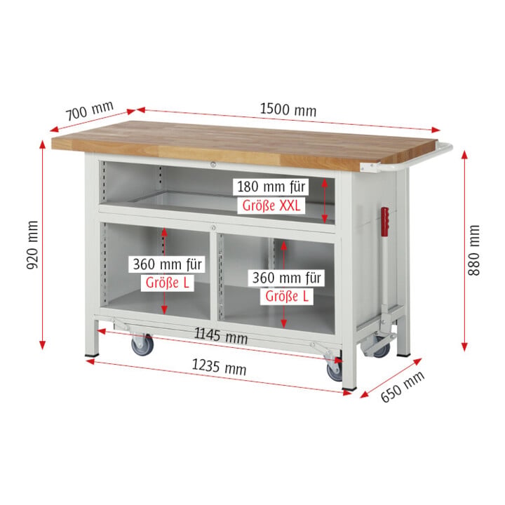 Rau Werkbank mit Fahrgestell 8921, B1500xT700xH880mm, 5x Schublade-TA
