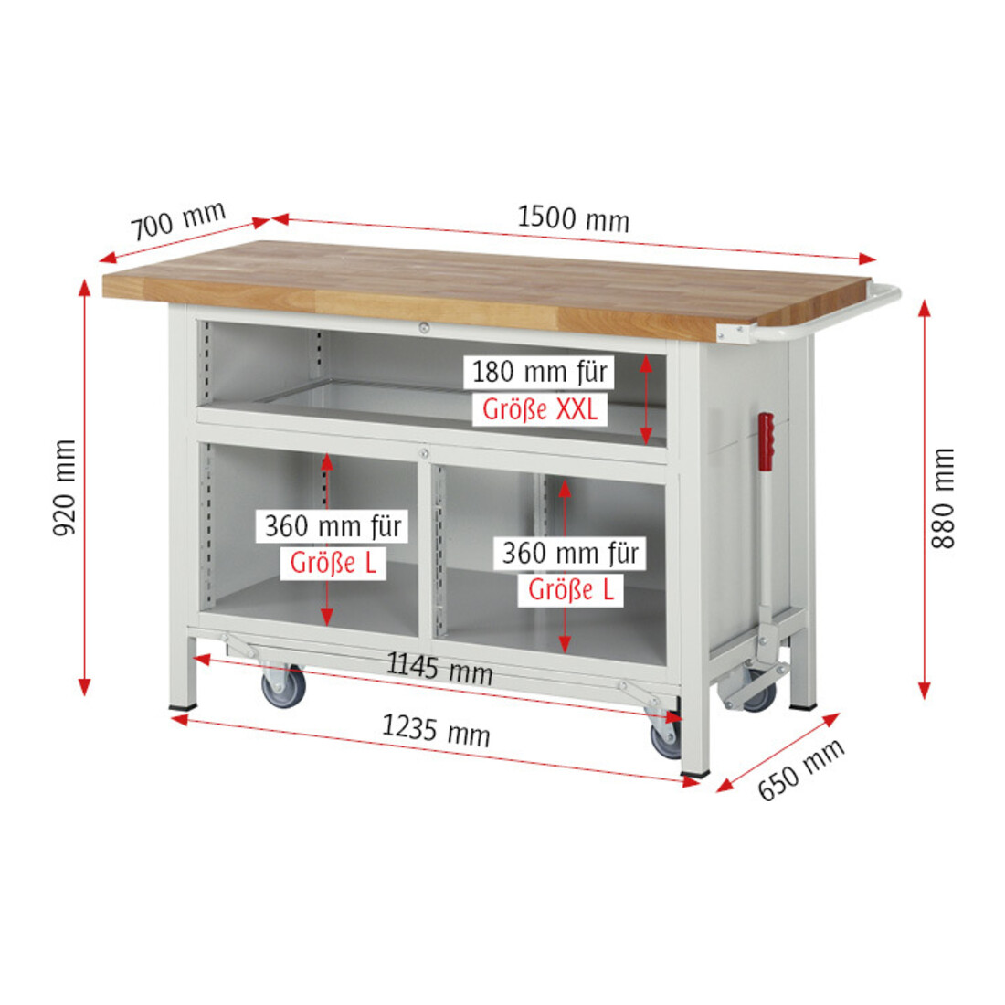 Rau Werkbank mit Fahrgestell 8921, B1500xT700xH880mm, 5x Schublade-TA