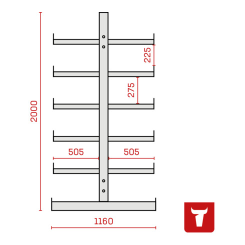 Rayonnage à bras en porte-à-faux STIER, double, 2 travées avec 5 niveaux 2600x2000x500 mm