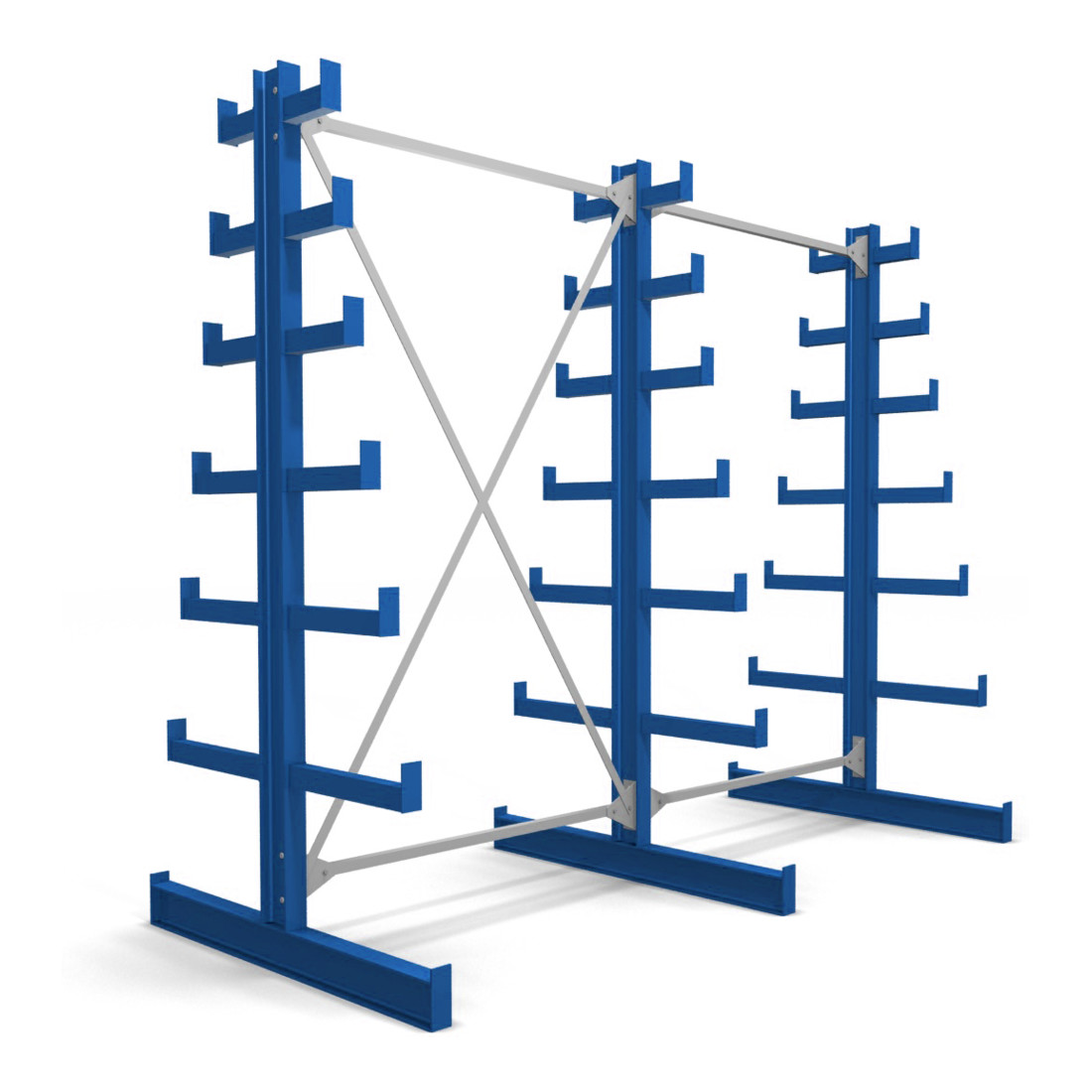 Rayonnage à bras en porte-à-faux STIER, double, 2 travées avec 6 niveaux décroissants 2600x2000x500 mm, bleu gentiane