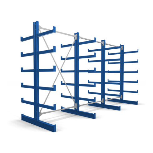 Rayonnage à bras en porte-à-faux STIER, double, 3 travées avec 5 niveaux 3900x2000x500 mm, bleu gentiane